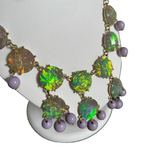🍭5 for $20🍭 Silver Tone Green Foil Beaded Drop Statement Necklace CC - Picture 2 of 5